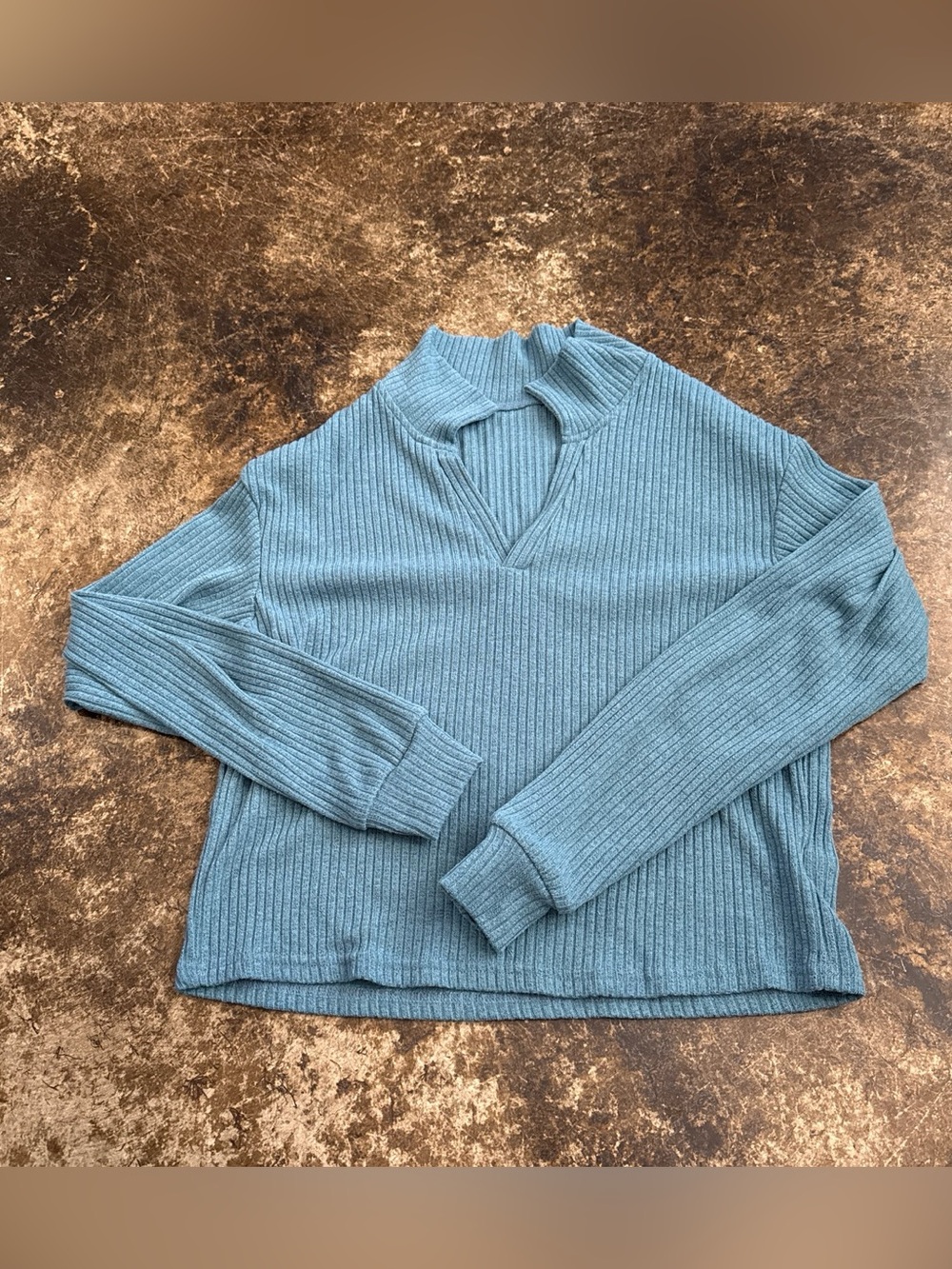 SHEIN Ribbed Mock Neck Long Sleeve Top in Light Blue